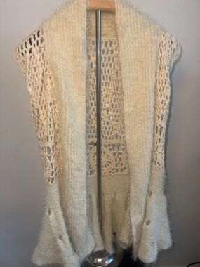 Soho Chick Womens Beige Crochet Knit Shawl Collar Vest Medium Acrylic Open Front